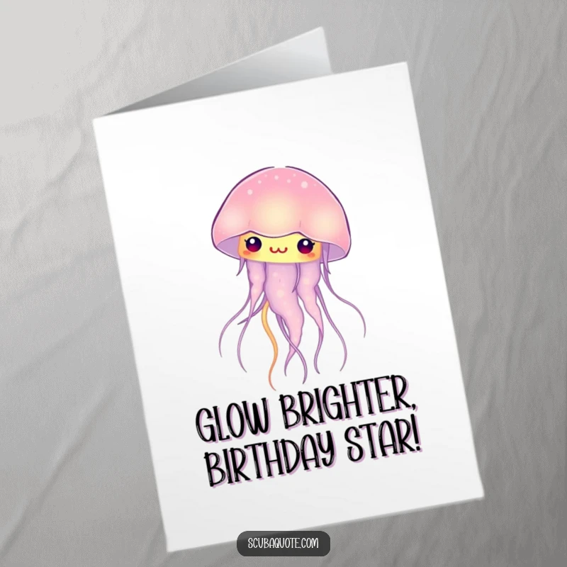 Funny Free Printable birthday card featuring a curious jellyfish glowing softly, perfect for a unique underwater-themed celebration.