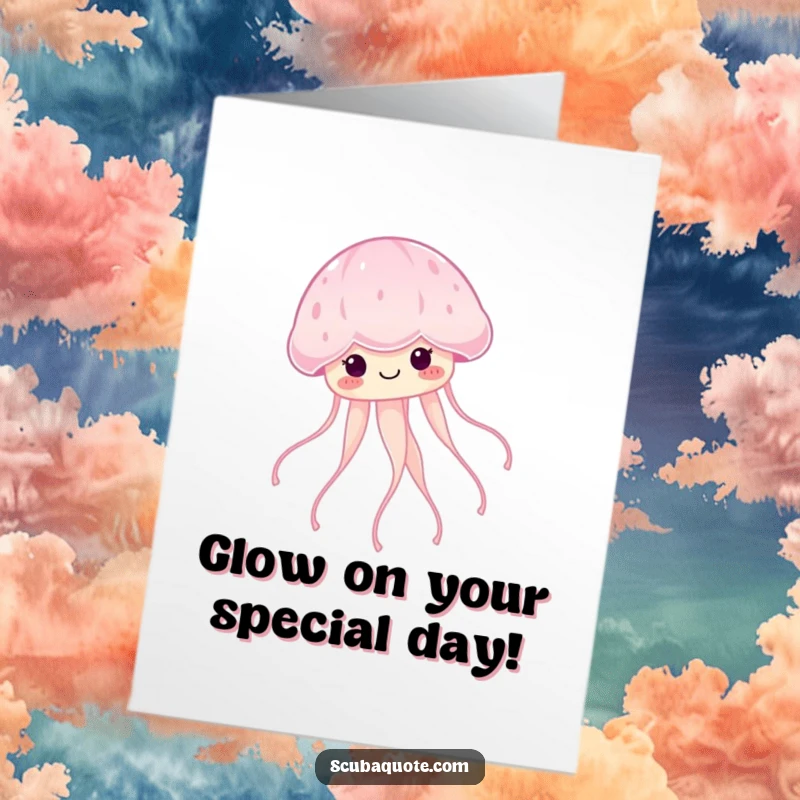 Funny Free Printable Birthday Card with a smiling jellyfish trailing glowing tendrils, a serene downloadable gift.