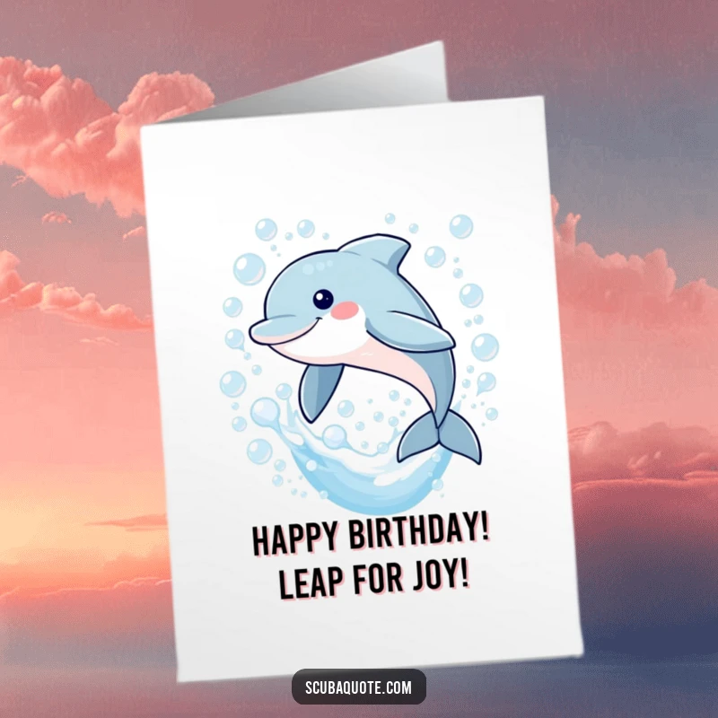 Funny Free Printable Birthday Card: A smiling dolphin leaps joyfully through a shower of iridescent bubbles, aquatic birthday celebration.