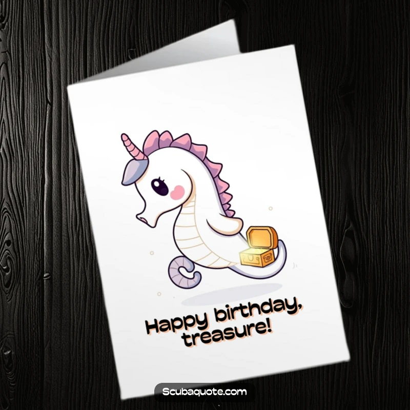 Free Printable Birthday Card featuring a delighted seahorse playfully chasing a sparkling treasure chest, perfect for a fun birthday.
