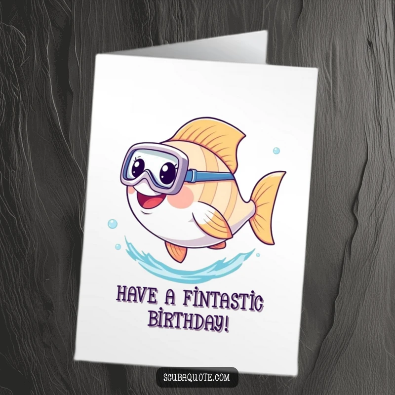 Funny Free Printable Birthday Card: A happy fish in a diving mask kicks its tail, swimming joyfully.