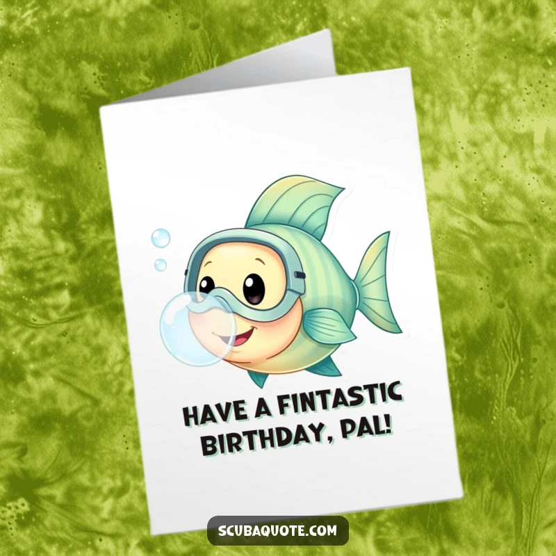 Free Printable Birthday Card: Happy fish in a diving mask blows a large bubble, wishing a fun-filled birthday.