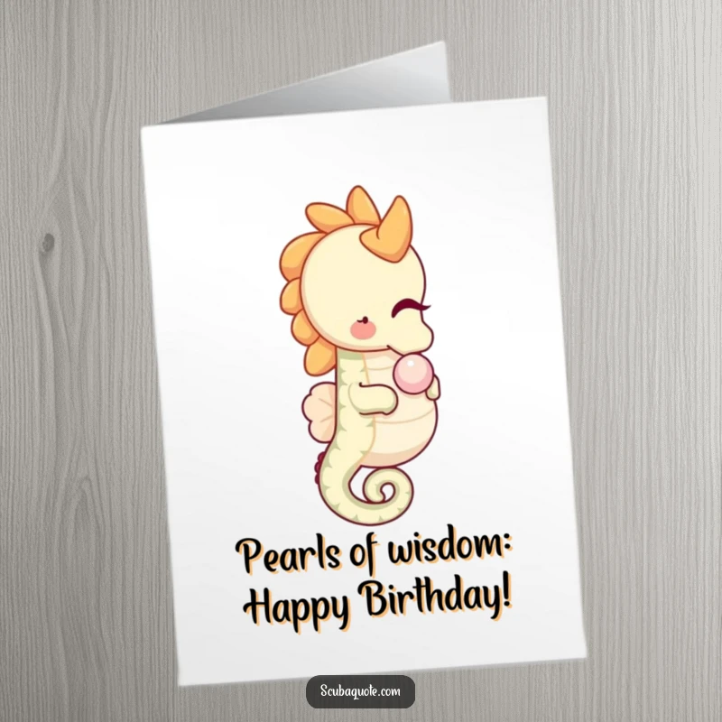 Funny Free Printable birthday card featuring a happy seahorse gently nudging a pearl, offering a sweet and charming message.