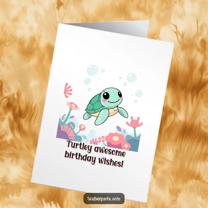 Funny Free Printable Birthday Card: A cheerful sea turtle gracefully glides past colorful anemones and bubbles.