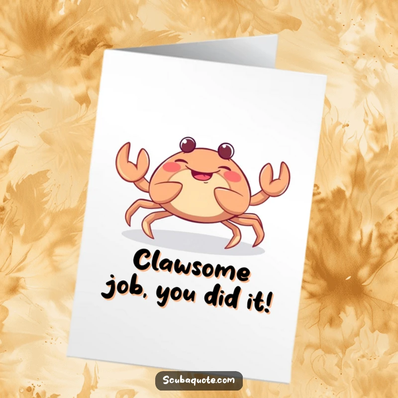Funny Free Printable Congratulations Card showcasing a giggling crab wiggling its claws, celebrating a big win with glee.