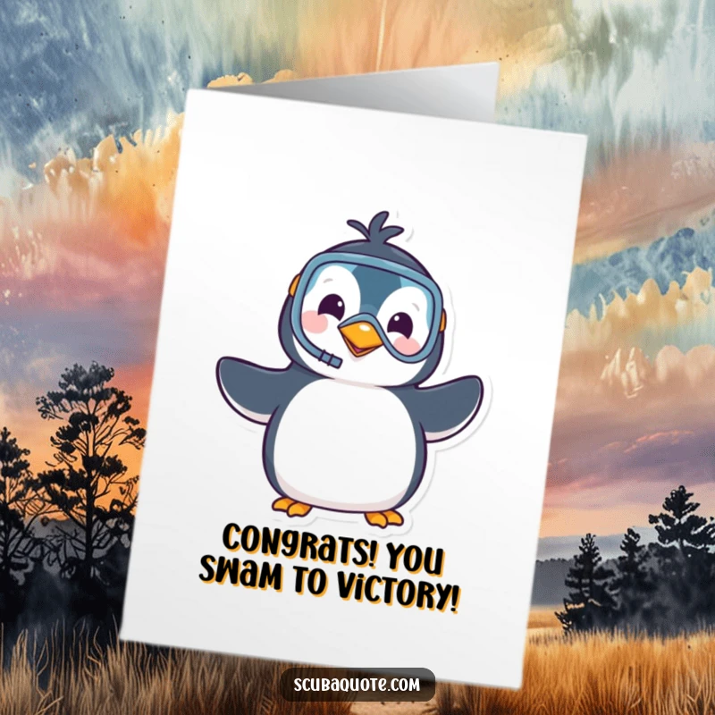 Funny Free Printable Congratulations Card: A playful penguin wearing snorkel gear waves joyfully, celebrating success underwater, a unique greeting.