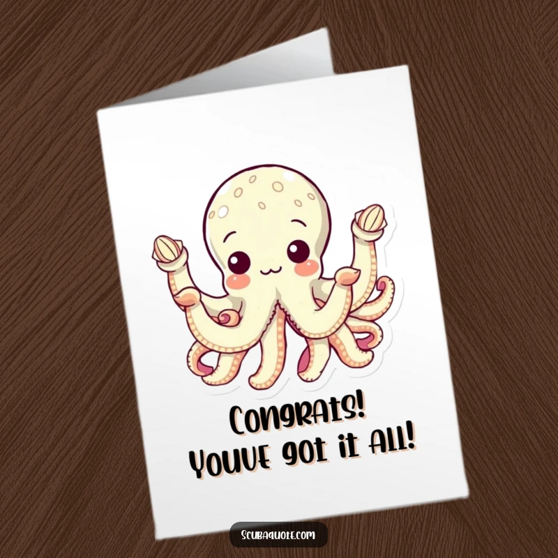 Funny Free Printable Congratulations Card: An octopus with eight arms, each holding a unique seashell, celebrating success with aquatic flair.