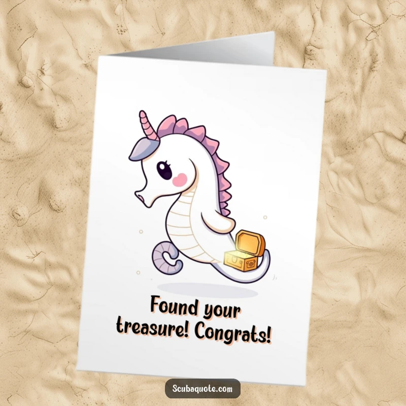Free Printable Congratulations Card with a delighted seahorse chasing a treasure chest, perfect for celebrating wins.