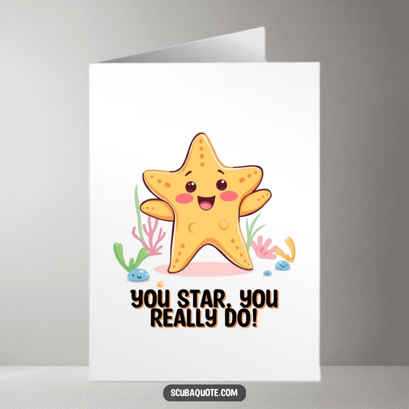 Funny Free Printable Congrats Card: Happy starfish performing a little dance on the ocean floor, a celebratory design.
