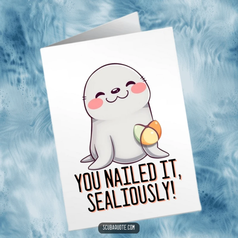 Funny Free Printable Congrats Card: A giggling seal triumphantly balances a ball, celebrating your amazing achievement.