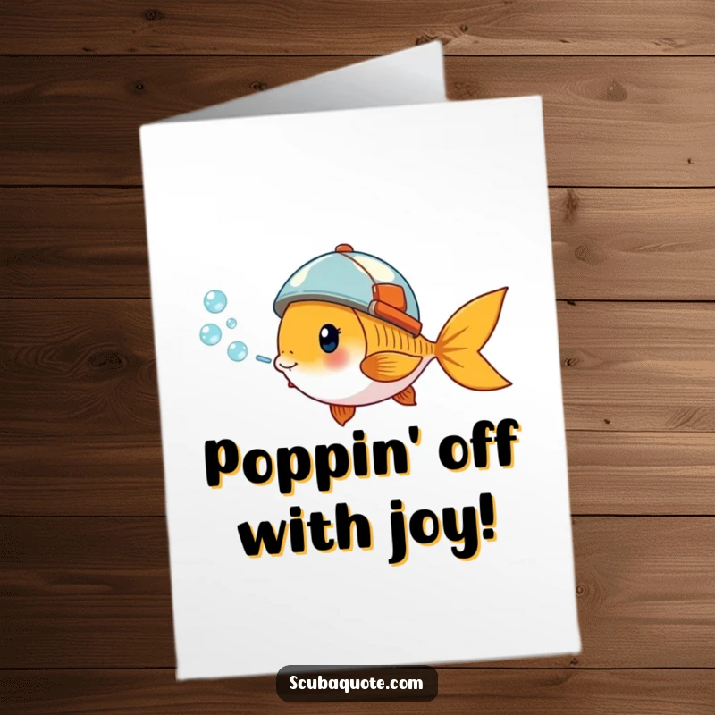 Funny Free Printable Congratulations Card: Giddy goldfish in tiny helmet blows bubbles, celebrating a significant accomplishment with enthusiasm.