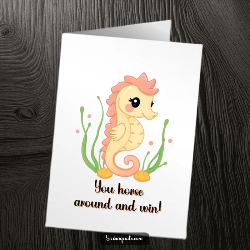 Funny Free Printable Congratulations Card showing a happy seahorse swimming elegantly amidst seaweed, celebrating milestones.