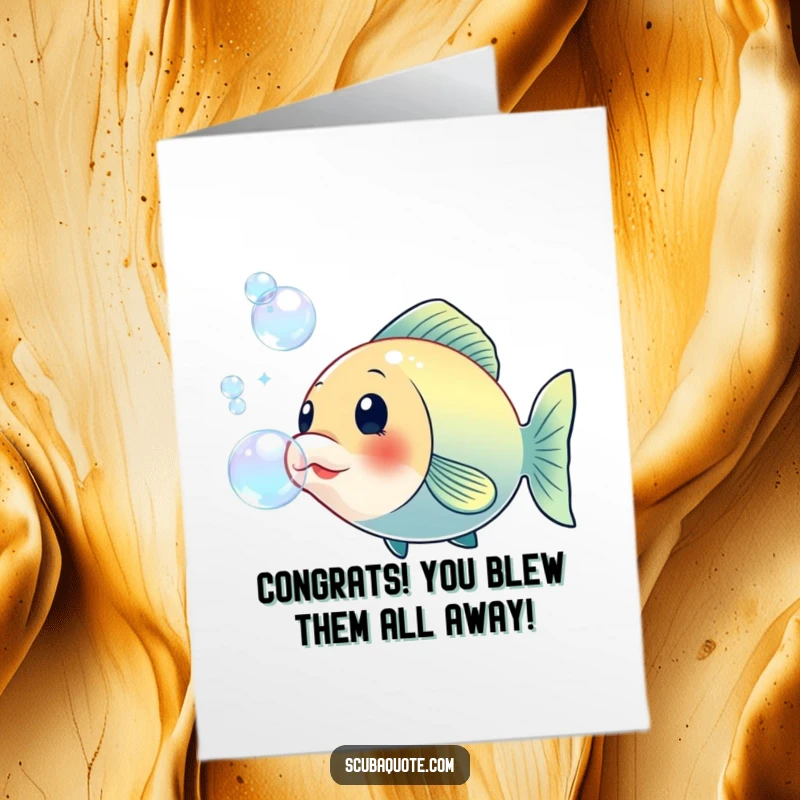 Funny Free Printable Congratulations Card: A happy fish exhales a stream of large, glowing bubbles, celebrating success with aquatic charm.