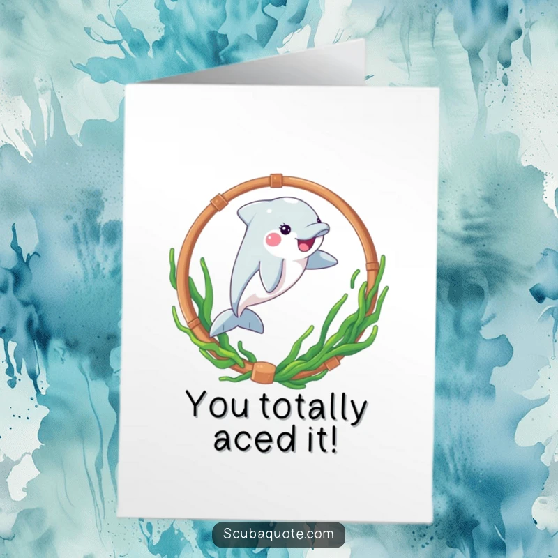 Funny Free Printable Congratulations Card: A dolphin performs a spectacular leap through a hoop, signifying a major accomplishment.