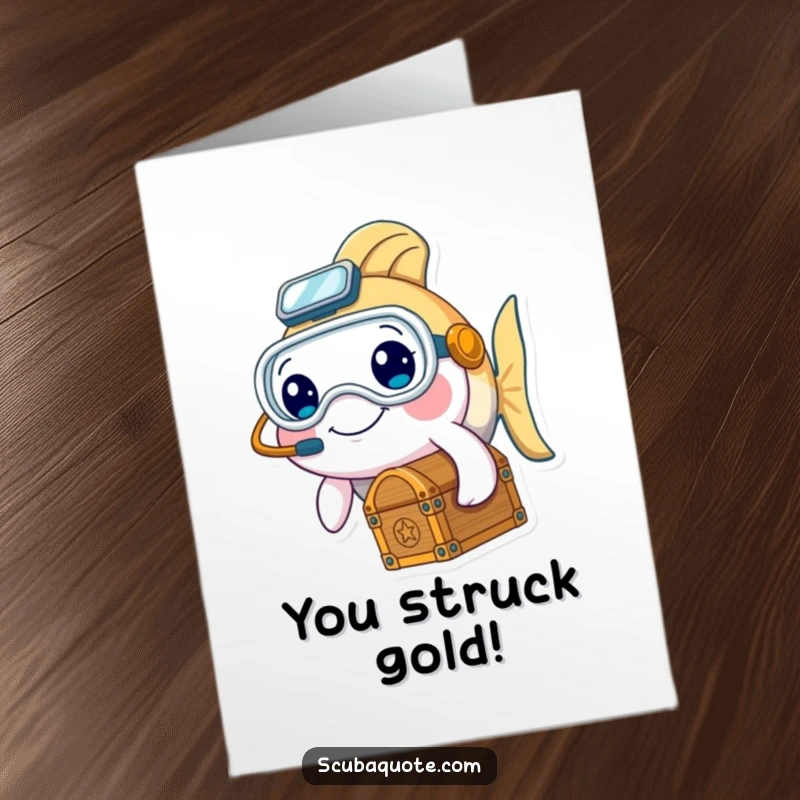 Funny Free Printable Congratulations Card: A fish wearing a mask finds a treasure chest, symbolizing a valuable achievement.