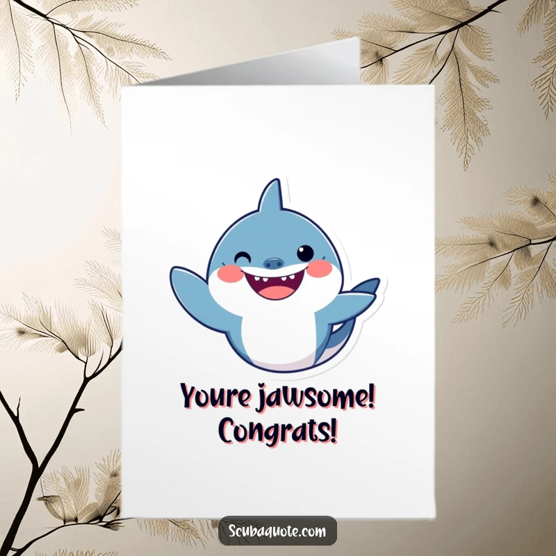 Funny Free Printable Congratulations Card with a smiling shark waving, conveying cheerful and humorous well wishes.