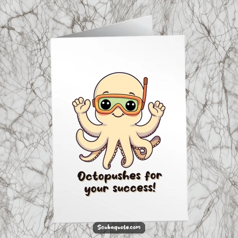 Funny Free Printable Congratulations Card: Cheerful octopus with snorkel mask waves with eight arms, celebrating a grand accomplishment.