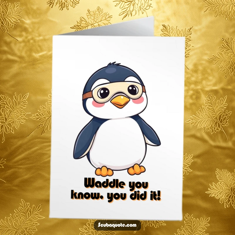 Funny Free Printable Congrats Card: A playful penguin in mask and fins embarks on a celebratory expedition.