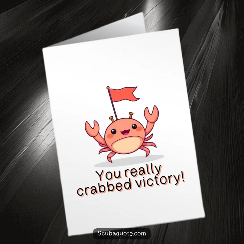 Funny Free Printable Congratulations Card: Happy crab scuttling with a tiny flag, celebrating your win!