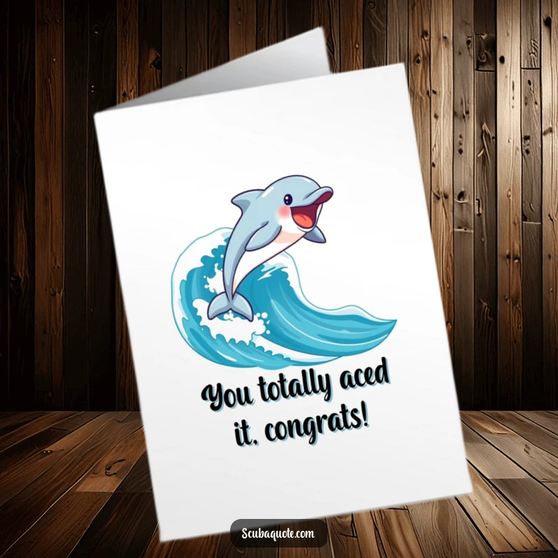 Funny Free Printable Congratulations Card showing a dolphin leaping from a wave, a thrilling downloadable gift.