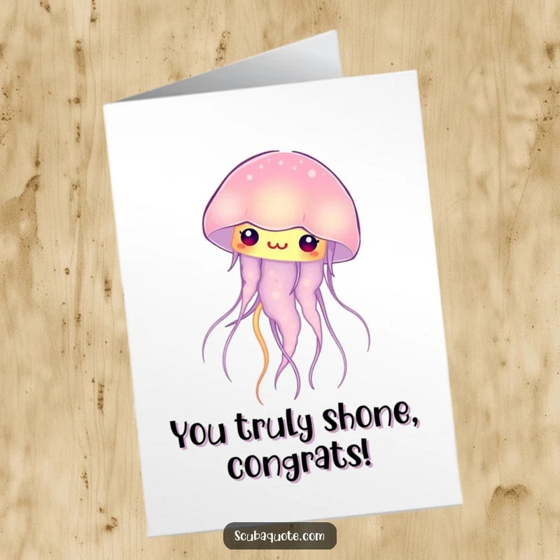 Funny Free Printable congratulations card showcasing a curious jellyfish emitting a soft, internal glow, ideal for celebrating milestones.