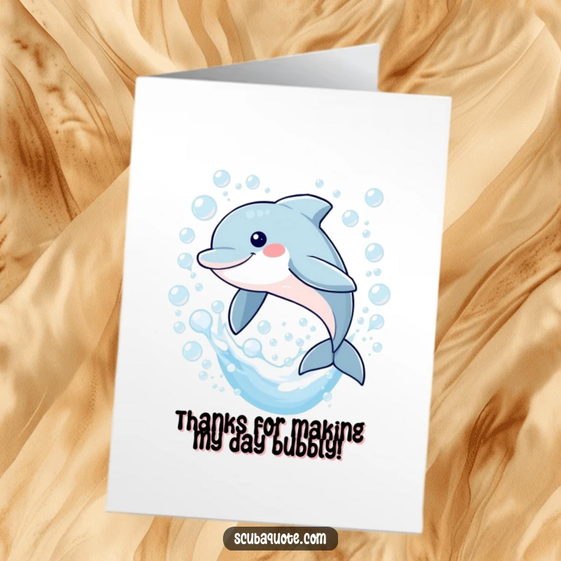 Funny Free Printable Thank You Card: A cheerful dolphin jumps through a stream of bubbles, a happy way to express thanks.