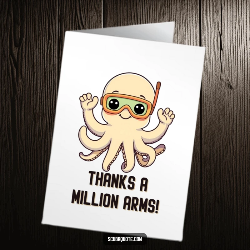 Funny Free Printable Thank You Card: Cheerful octopus with snorkel mask waves with eight arms, expressing sincere thanks.