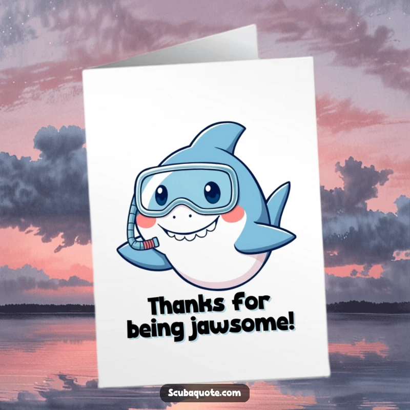 Funny Free Printable thank you card featuring a smiling shark with a snorkel, giving a friendly nod, perfect for expressing heartfelt thanks.