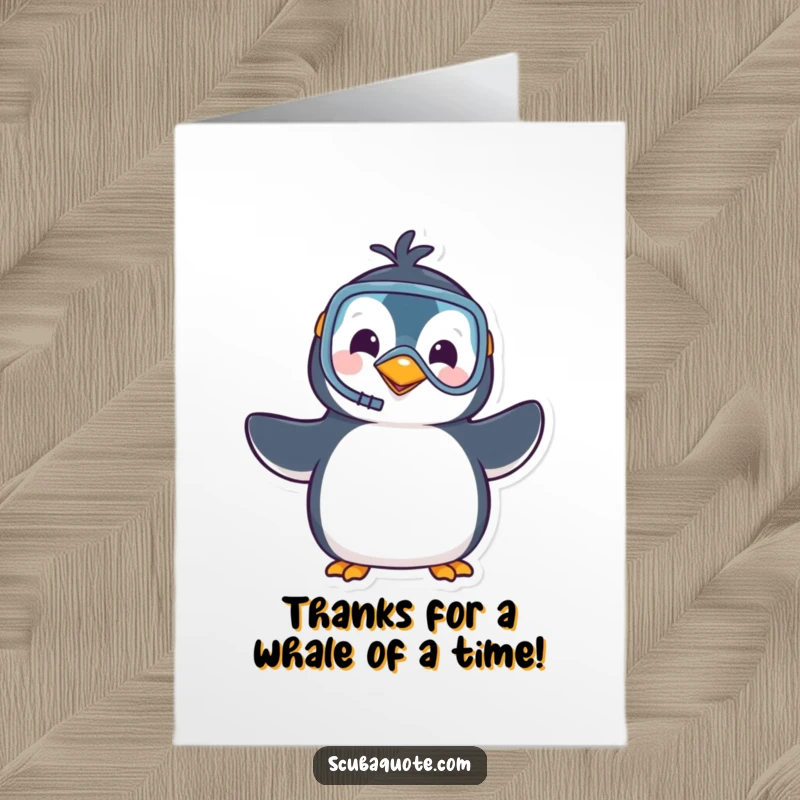 Funny Free Printable Thank You Card: A cute penguin in a snorkel and mask waves enthusiastically, a cheerful thank you from the ocean.