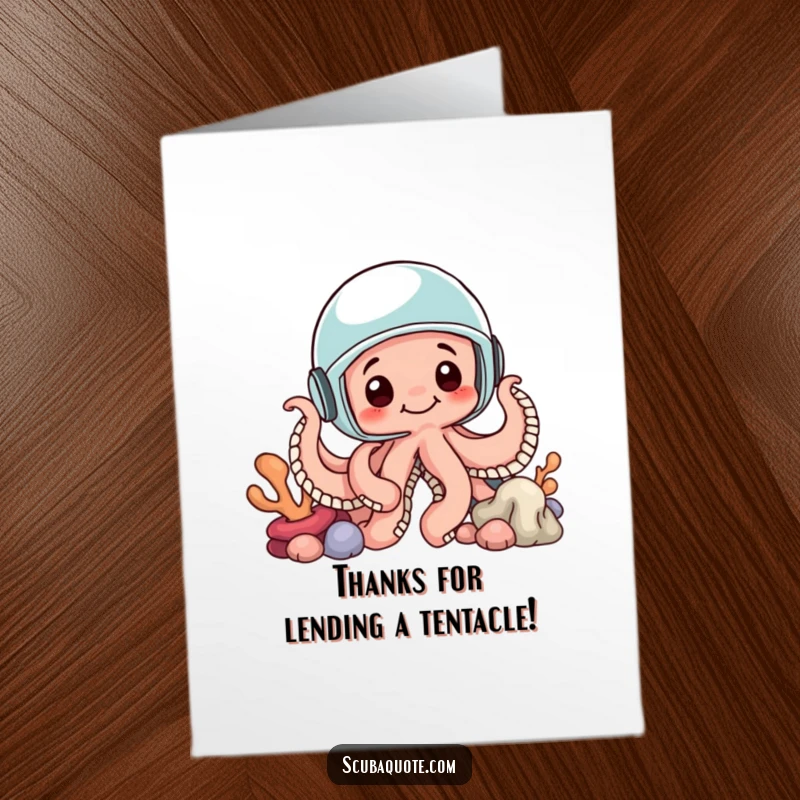 Funny Free Printable Thank You Card: Curious octopus in helmet peeking, sending thanks from the deep!