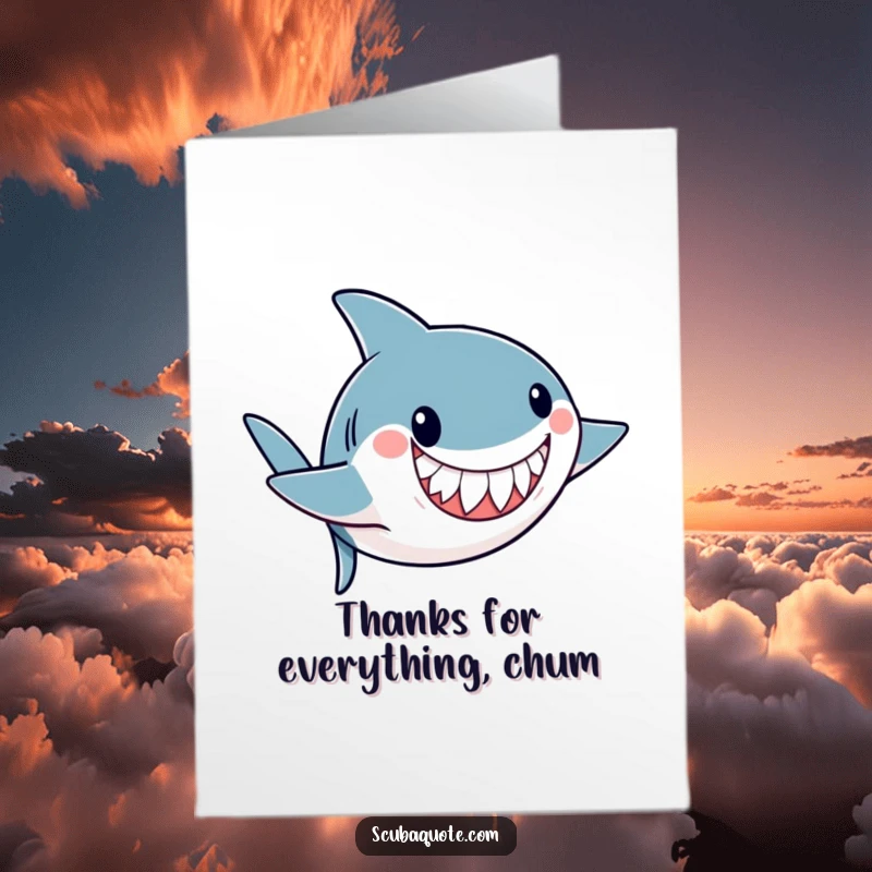 Funny Free Printable Thank You Card: Playful shark with friendly grin does a somersault underwater, expressing thanks with cheerful energy.