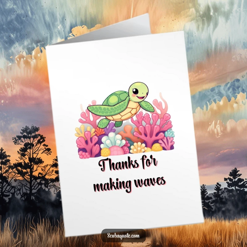 Funny Free Printable Thank You Card with a cheerful sea turtle swimming amidst vibrant coral.