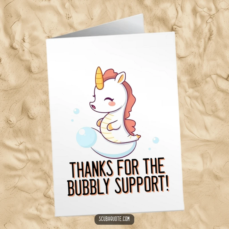 Funny Free Printable Thank You Card: Tiny seahorse joyfully riding a speedy bubble, expressing thanks with a cheerful giggle.