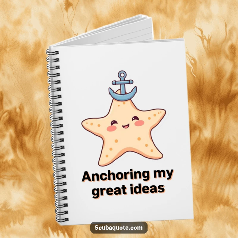 Funny starfish notebook with a contented starfish balancing an anchor, perfect for capturing thoughts with a humorous, beach-themed touch.