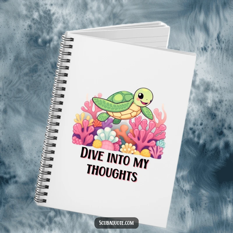 Funny notebook with a happy sea turtle design amidst coral, great for notes, journaling, and creative writing.