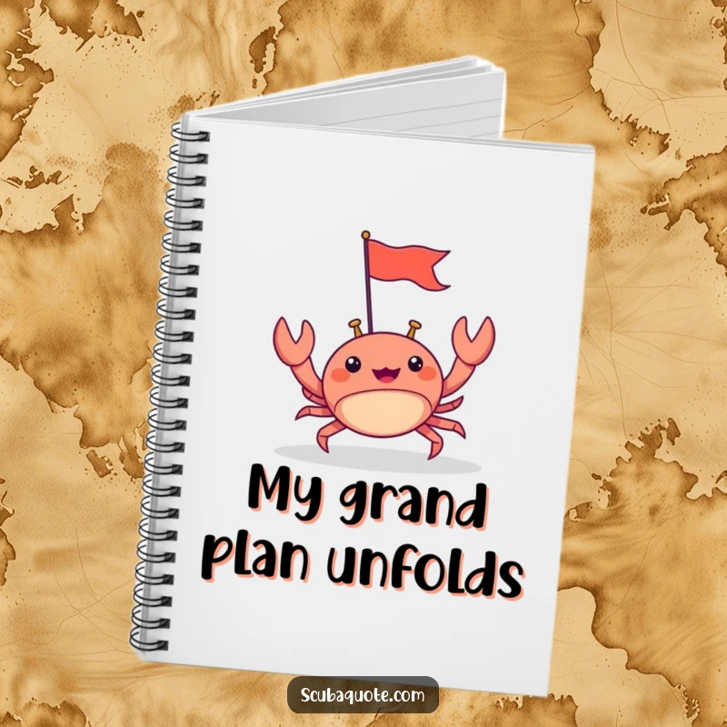 Funny notebook with a happy crab scuttling forward with a tiny flag, ideal for jotting notes with a side of determined, beachy humor.