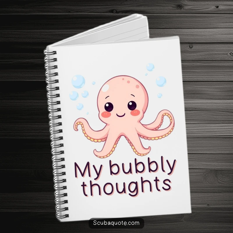 Funny notebook with a happy octopus character blowing bubbles underwater, perfect for writing and creative ideas.