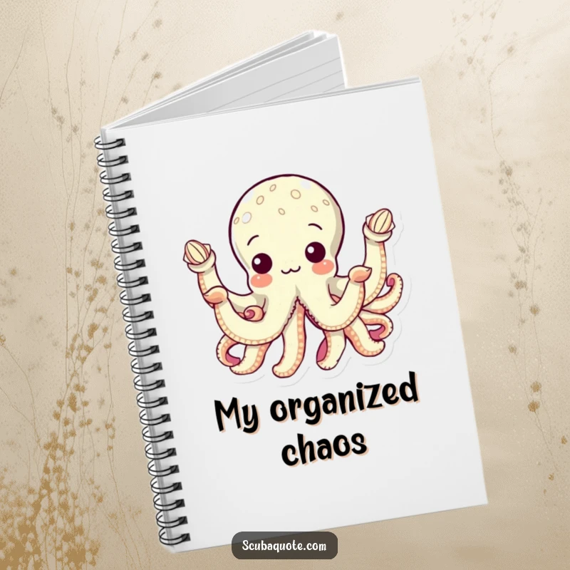 Funny notebook featuring a curious octopus with eight arms each holding a seashell, ideal for jotting down ideas and collecting thoughts.