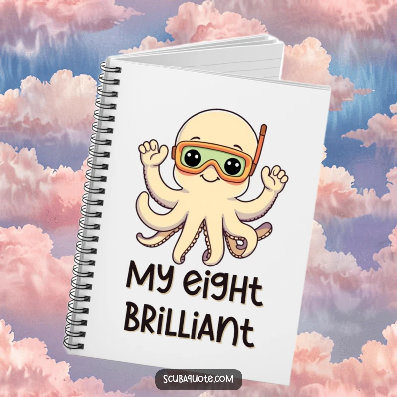 Funny notebook with a happy octopus in a snorkel mask waving all eight arms, perfect for capturing underwater inspired thoughts.