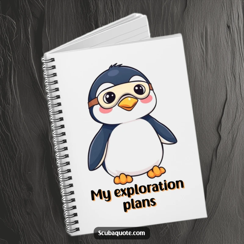 Funny notebook featuring a penguin in a mask and fins, poised for exploration, ready to capture your adventurous thoughts and plans.