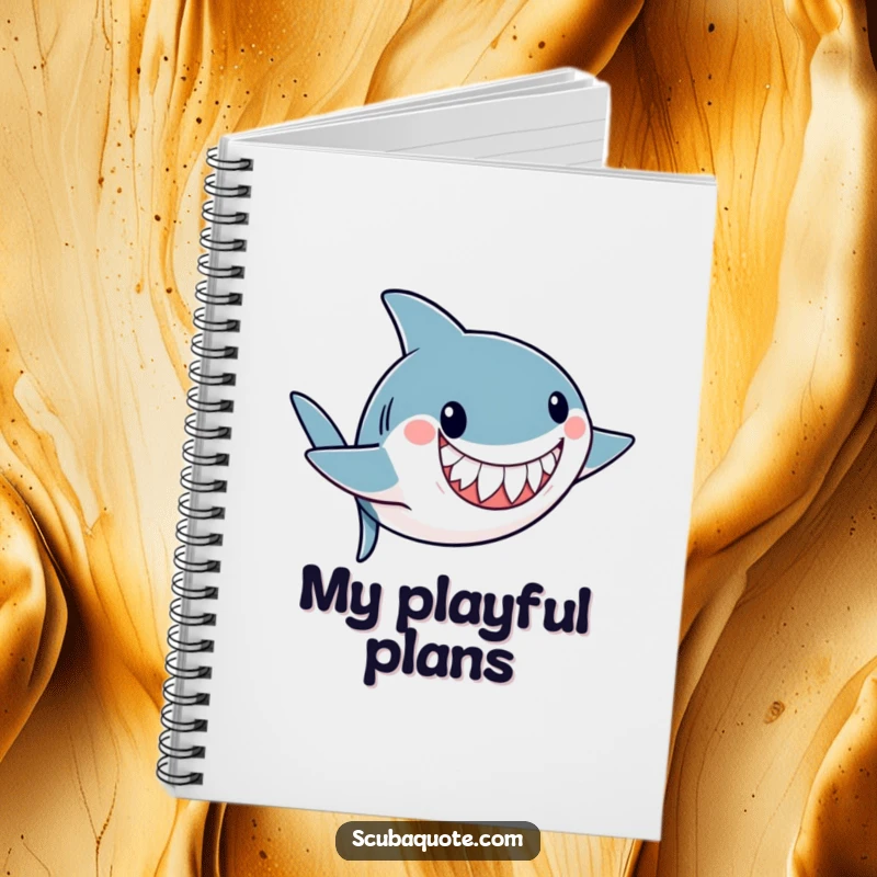 Funny notebook with a playful shark doing an underwater somersault with a friendly grin, perfect for capturing aquatic thoughts.