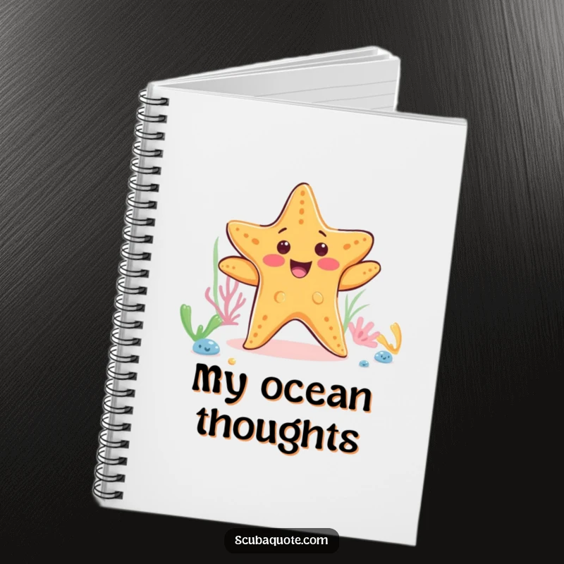 Funny starfish notebook with a happy dancing starfish on the ocean floor, perfect for jotting down happy thoughts humorously.