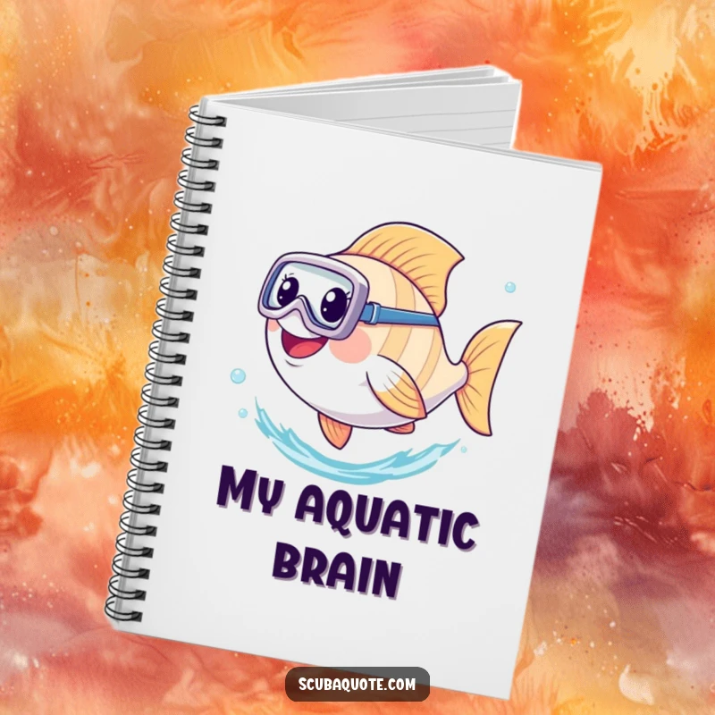 Funny notebook cover depicting a cheerful fish wearing a diving mask, swimming with enthusiasm underwater.