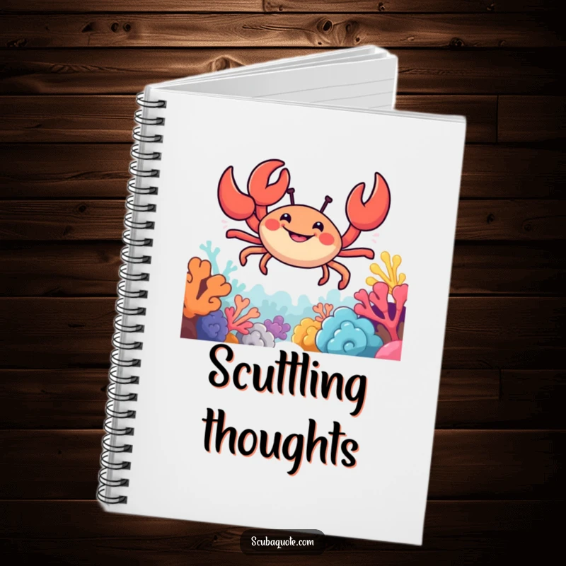 Funny notebook cover depicting a smiling crab with claws out, navigating a detailed and colorful coral reef.