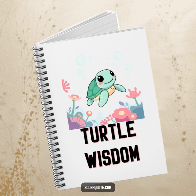 Funny notebook cover depicting a cheerful sea turtle gliding gracefully past colorful anemones and playful bubbles.