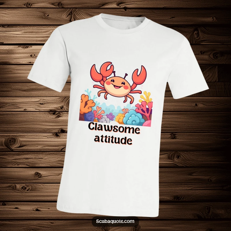 Funny t-shirt with a happy crab, claws outstretched, confidently navigating a bright and colorful coral reef environment.