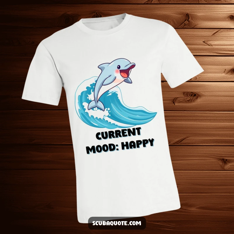 Funny happy dolphin energetically leaping from a blue wave on a comfortable t-shirt, perfect for beach days.