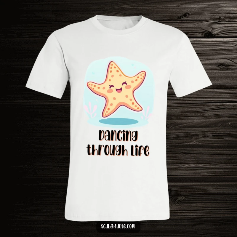 Funny starfish t-shirt showing a happy starfish performing an energetic underwater dance, perfect for casual style.