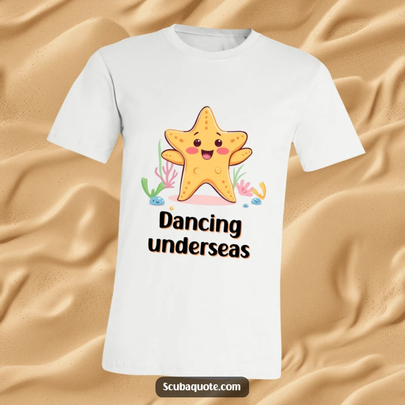 Funny starfish t-shirt with a happy dancing starfish on the ocean floor, perfect for beachgoers and humor enthusiasts.