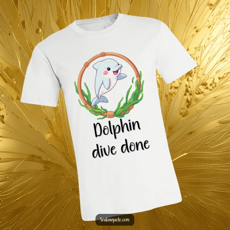 Funny t-shirt depicting a playful dolphin leaping through a seaweed-decorated hoop, celebrating aquatic agility.